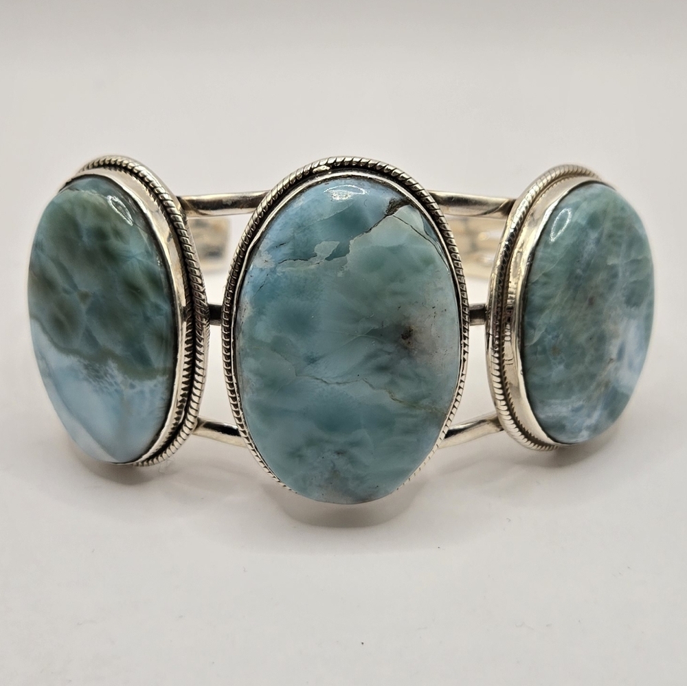 HUGE Larimar Sterling Silver Triple Stone Bracelet Cuff